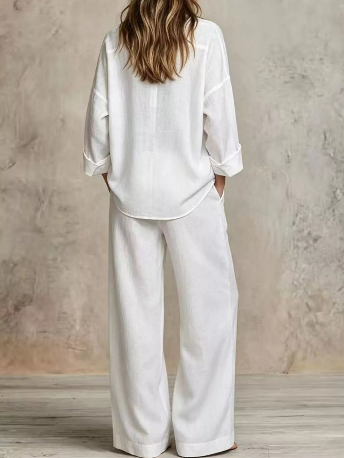 Button-Down Shirt and Wide-Leg Pants Set