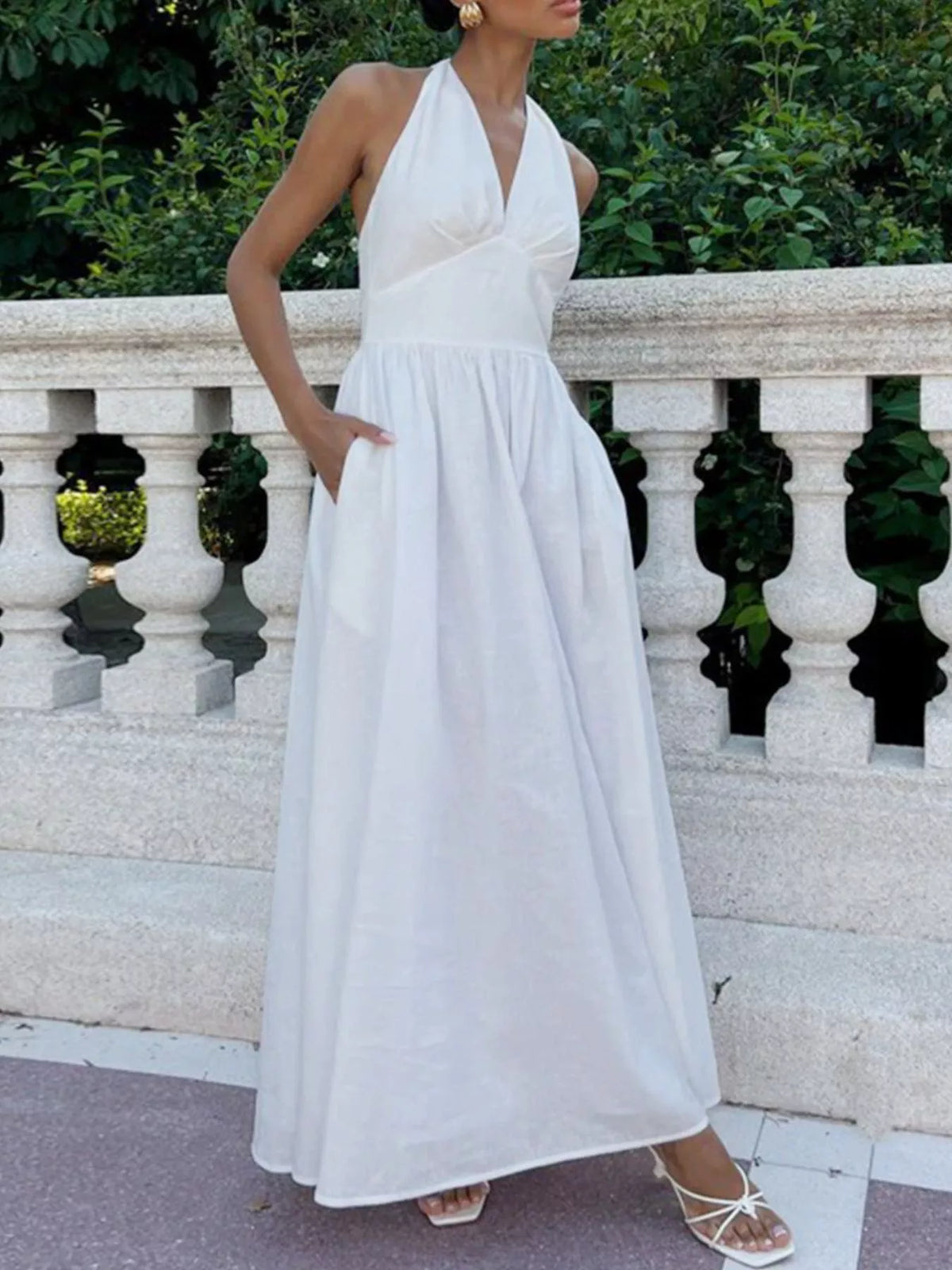 Halter Neck Flowy Maxi Dress in White by Calliope