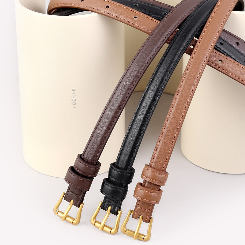 Ilussa Skinny Leather Belt with Golden Buckle — Caramel Trio