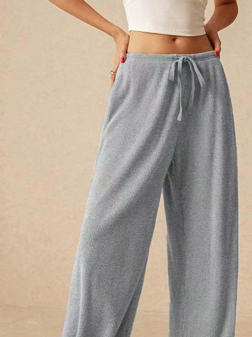 Ribbed Drawstring Wide-Leg Pants