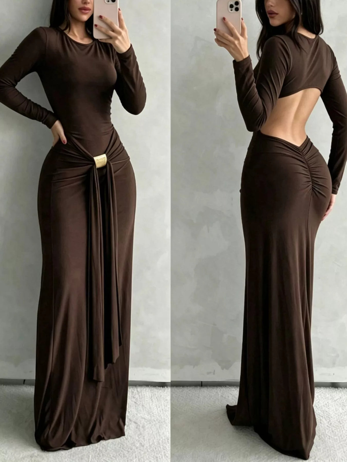 Backless Bodycon Maxi Dress in Brown