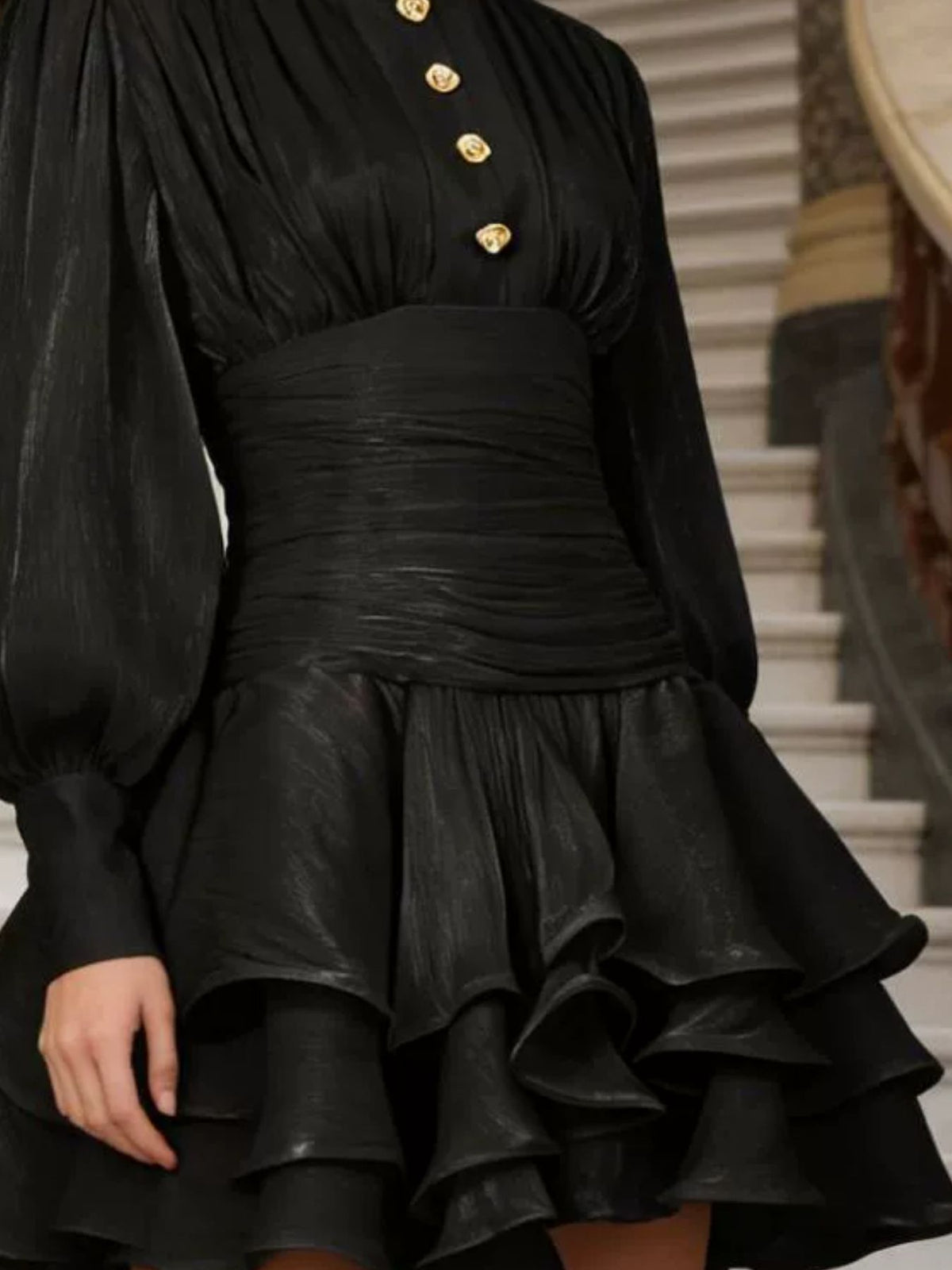 Ruffled Tiered Lantern Sleeve Mini Dress