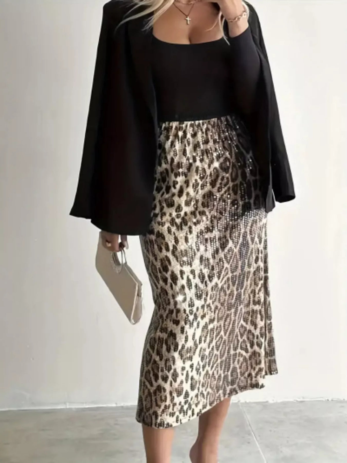 Sequin Leopard Midi Skirt in Apricot