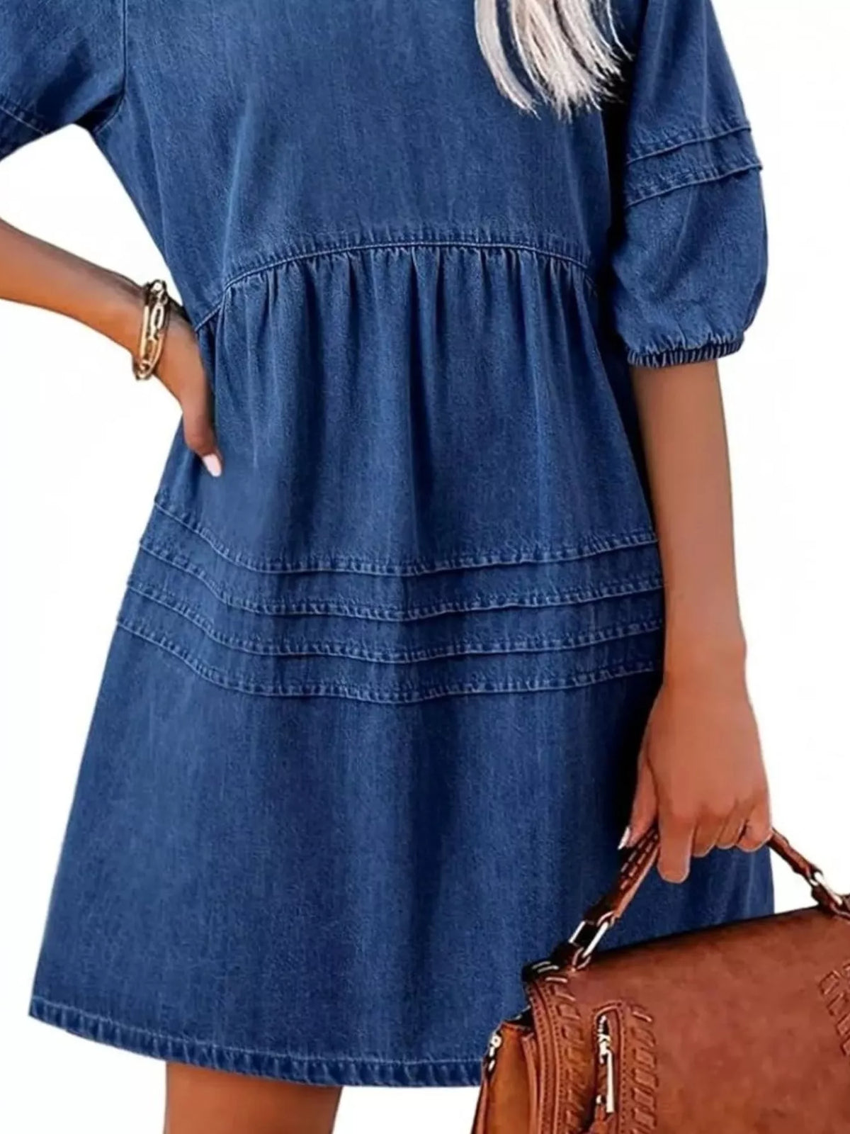 V-Neck Puff Sleeve Denim Mini Dress