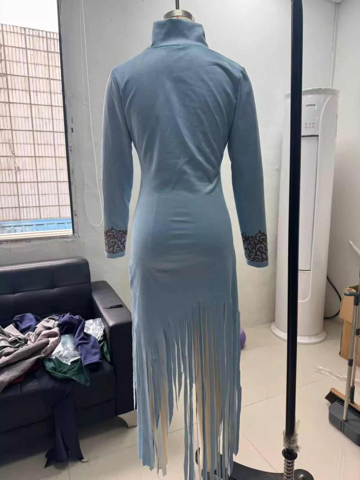 Embroidered Fringe Zip-Front Maxi Dress in Light Blue