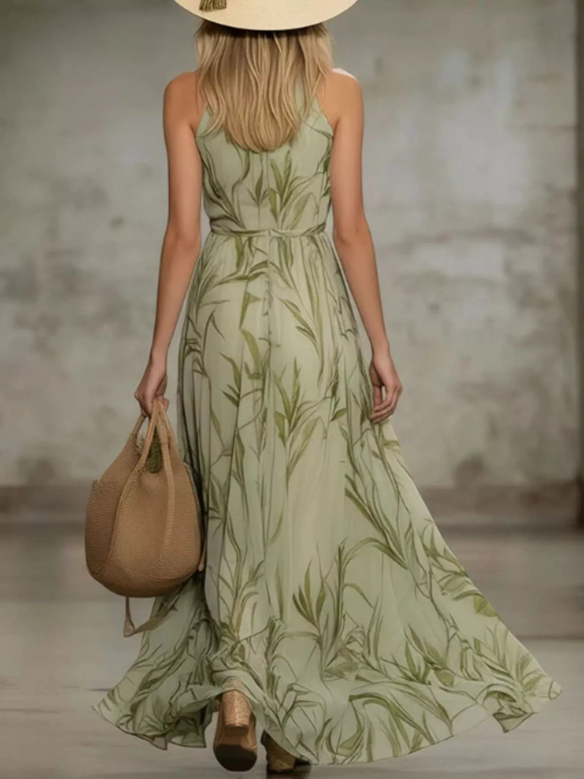 Leaf Print Sleeveless Chiffon Maxi Dress in Matcha in Matcha Color