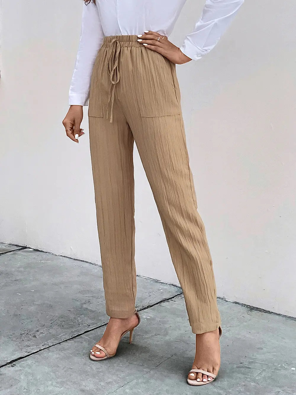 Textured Drawstring Pants in Tan