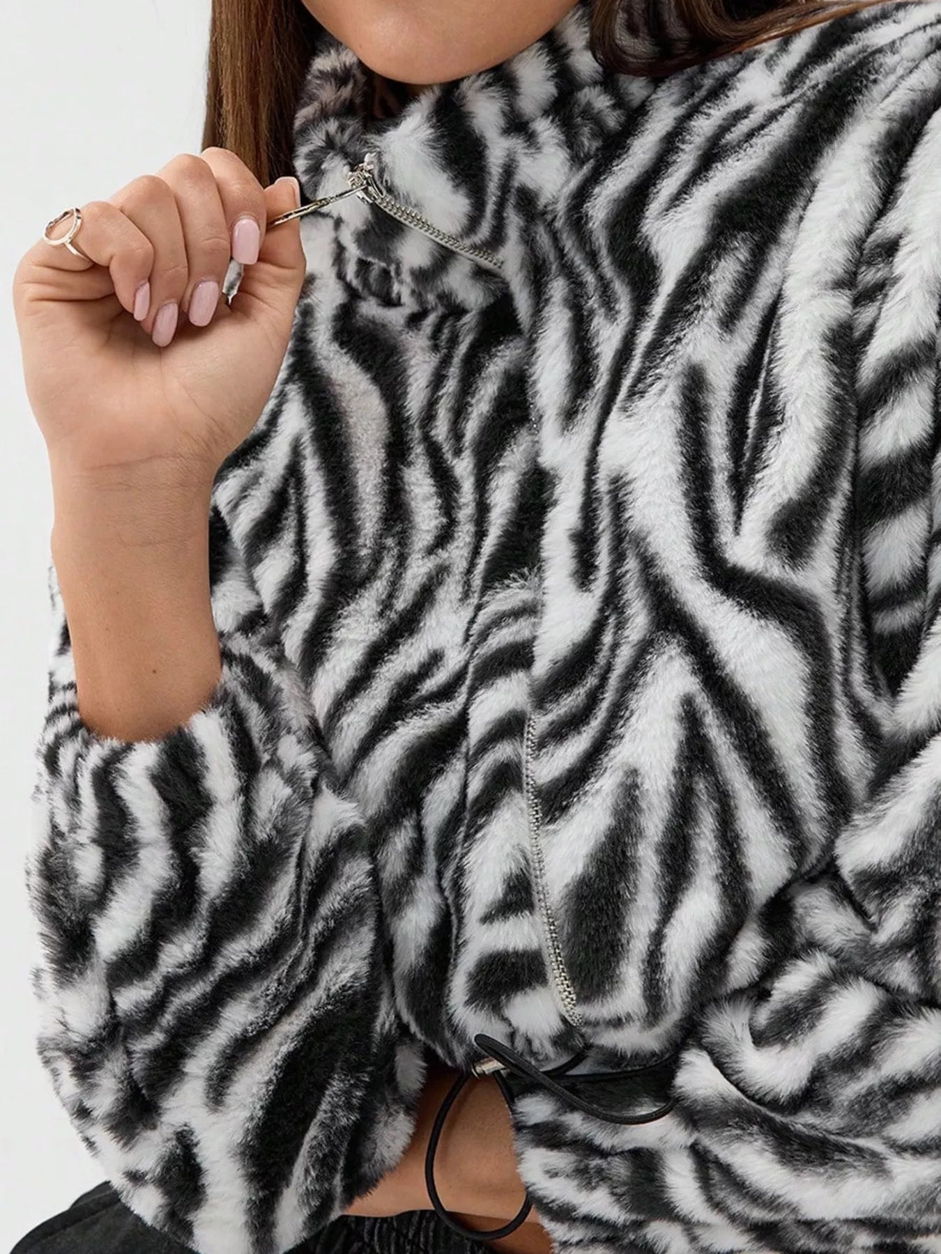 Zebra Print Plush Cropped Jacket in Black