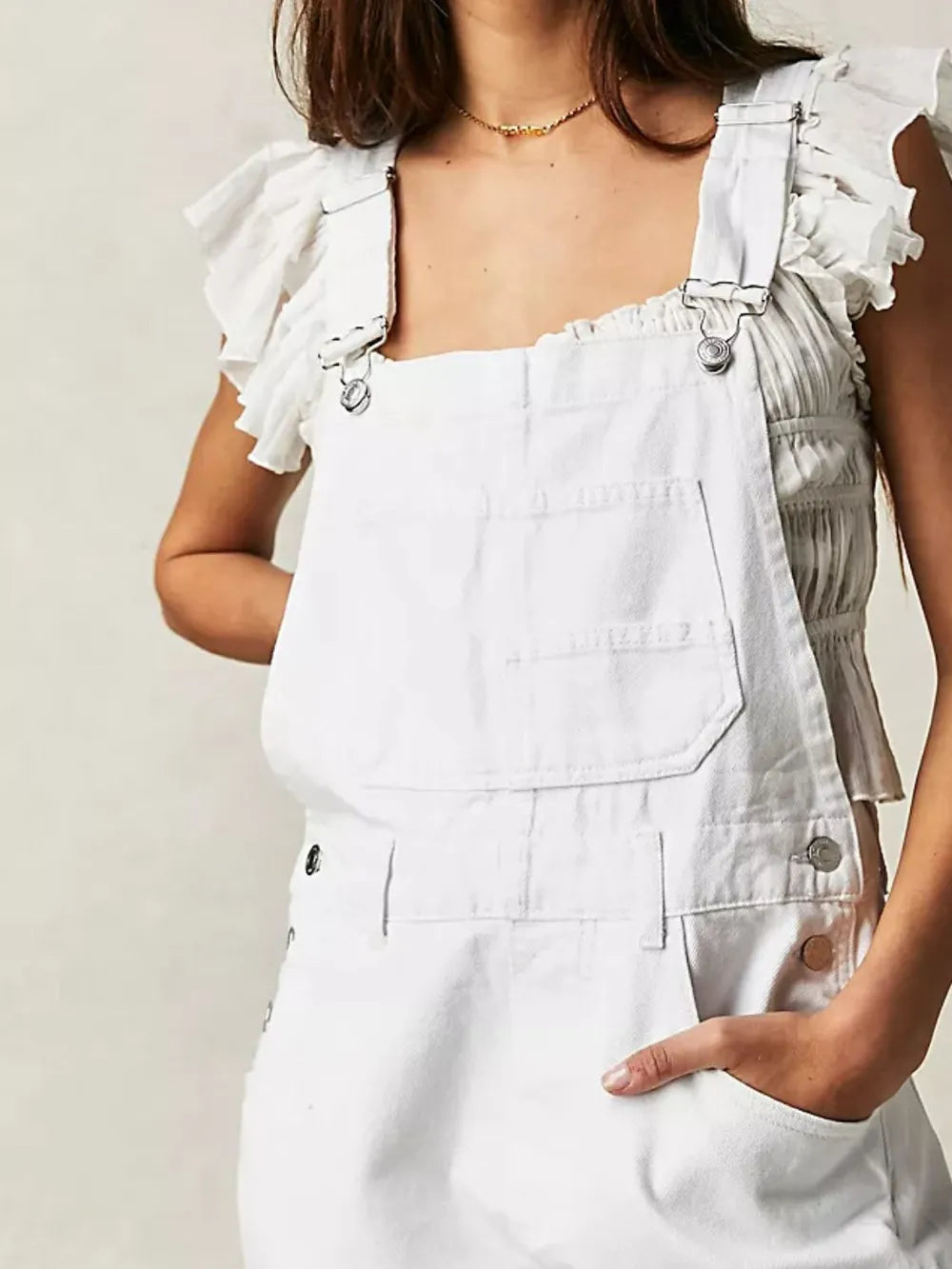 Wide Strap Square Neck Denim Overalls in White by Dreamy Drapes