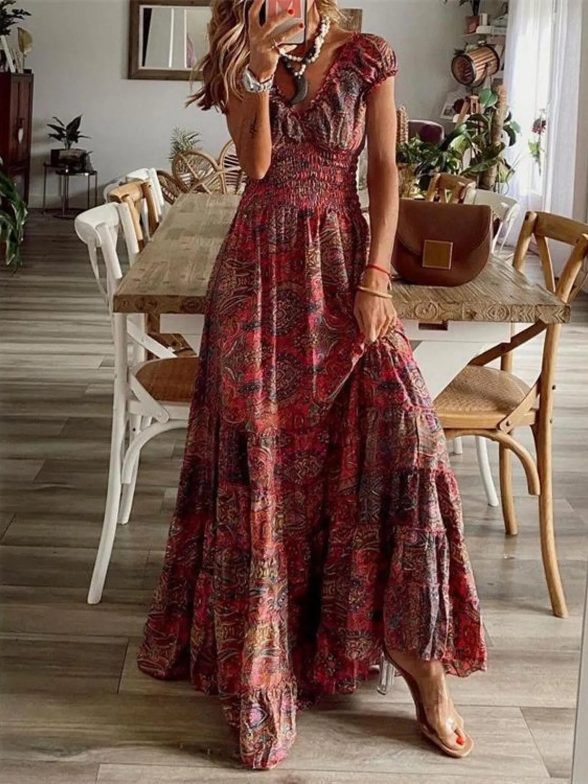 Paisley Cap Sleeve Maxi Dress in Burgundy
