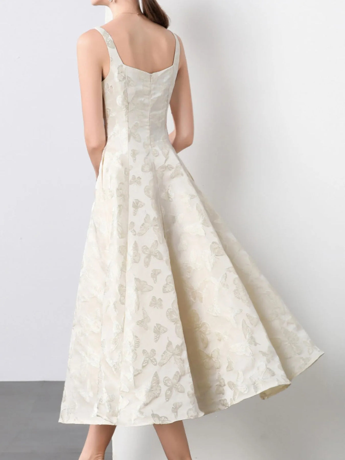 Butterfly Embroidered A-Line Midi Dress in Apricot