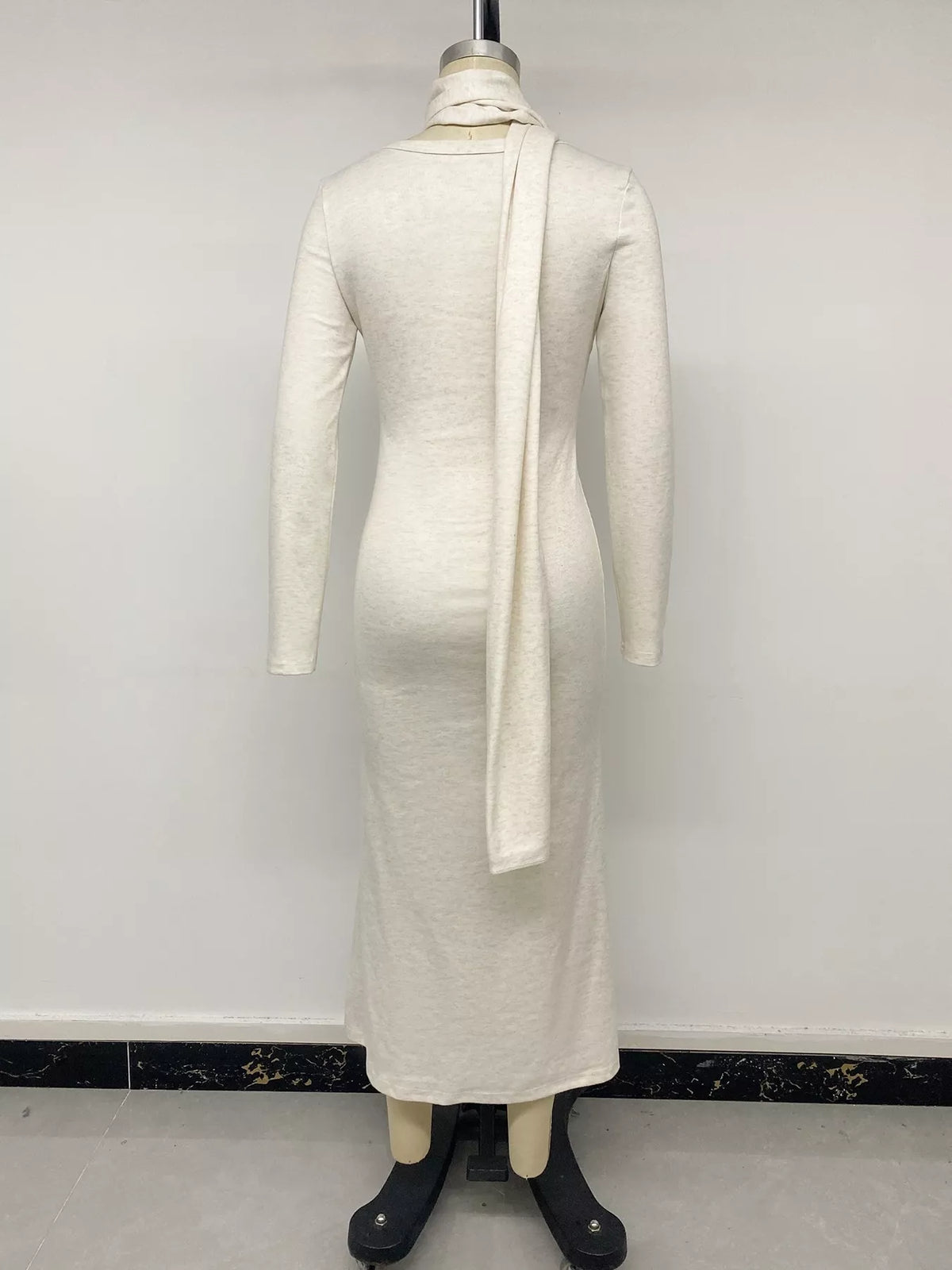 Round Neck Knit Maxi Dress with Scarf in Apricot