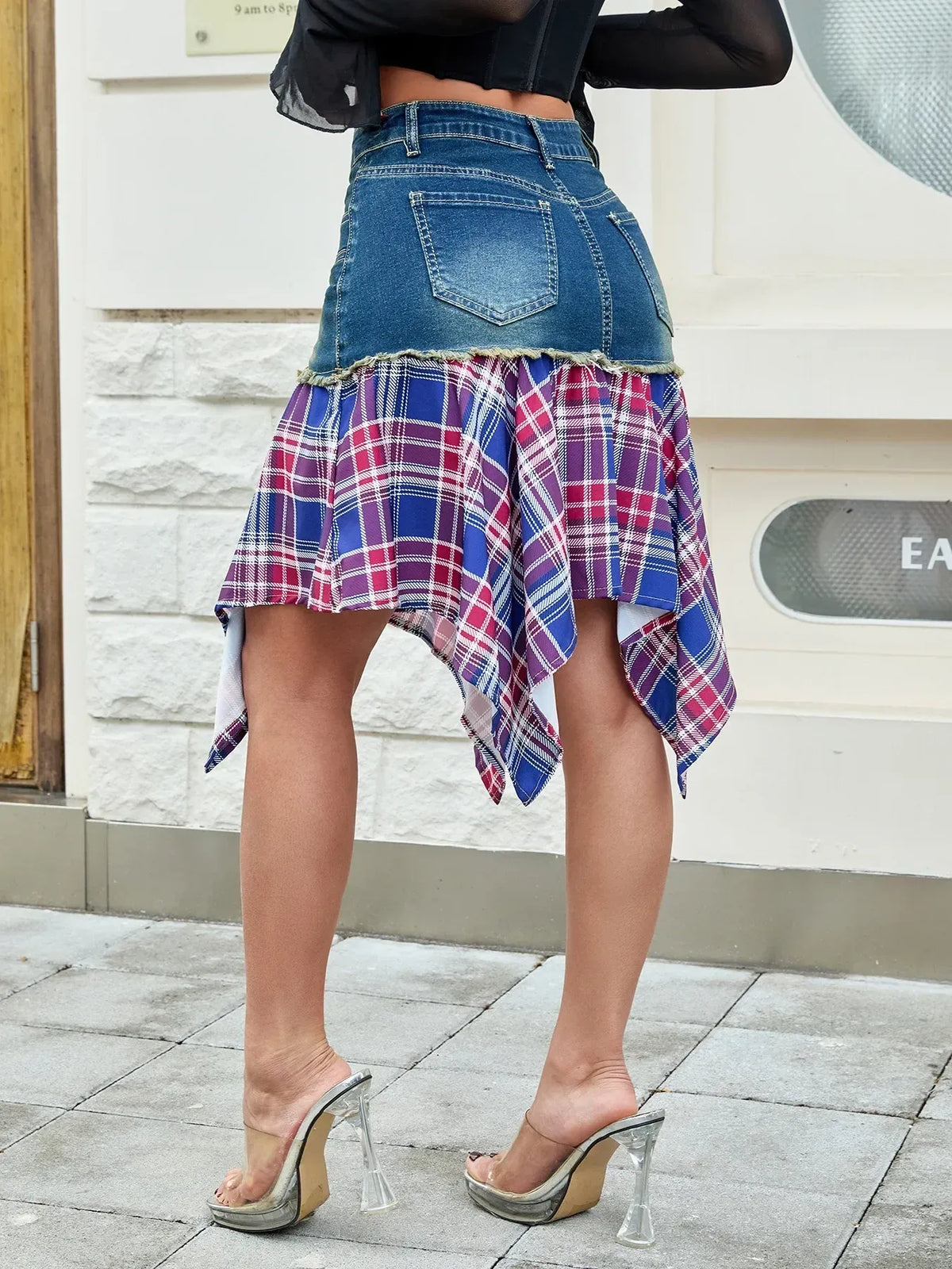 Asymmetric Plaid-Hem Denim Skirt in Navy Blue by Lone Star Lady