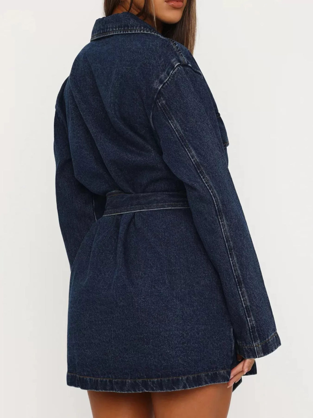 Belted Longline Denim Jacket in Dark Blue