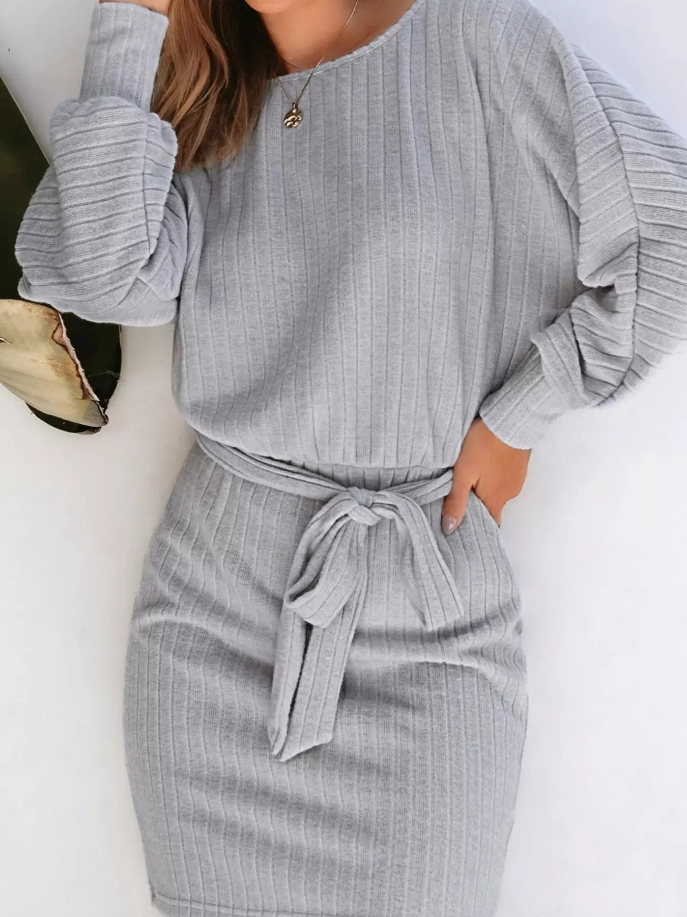 Ribbed Tie Waist Dress in Gray