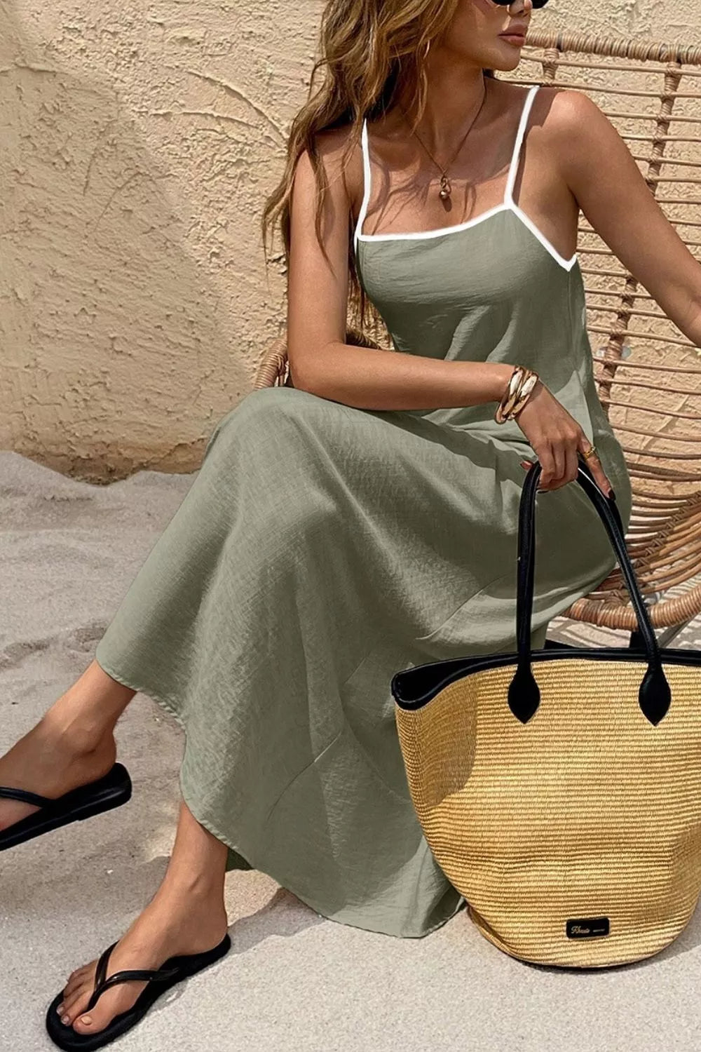 Spaghetti Strap Contrast Trim Maxi Dress in Matcha Green