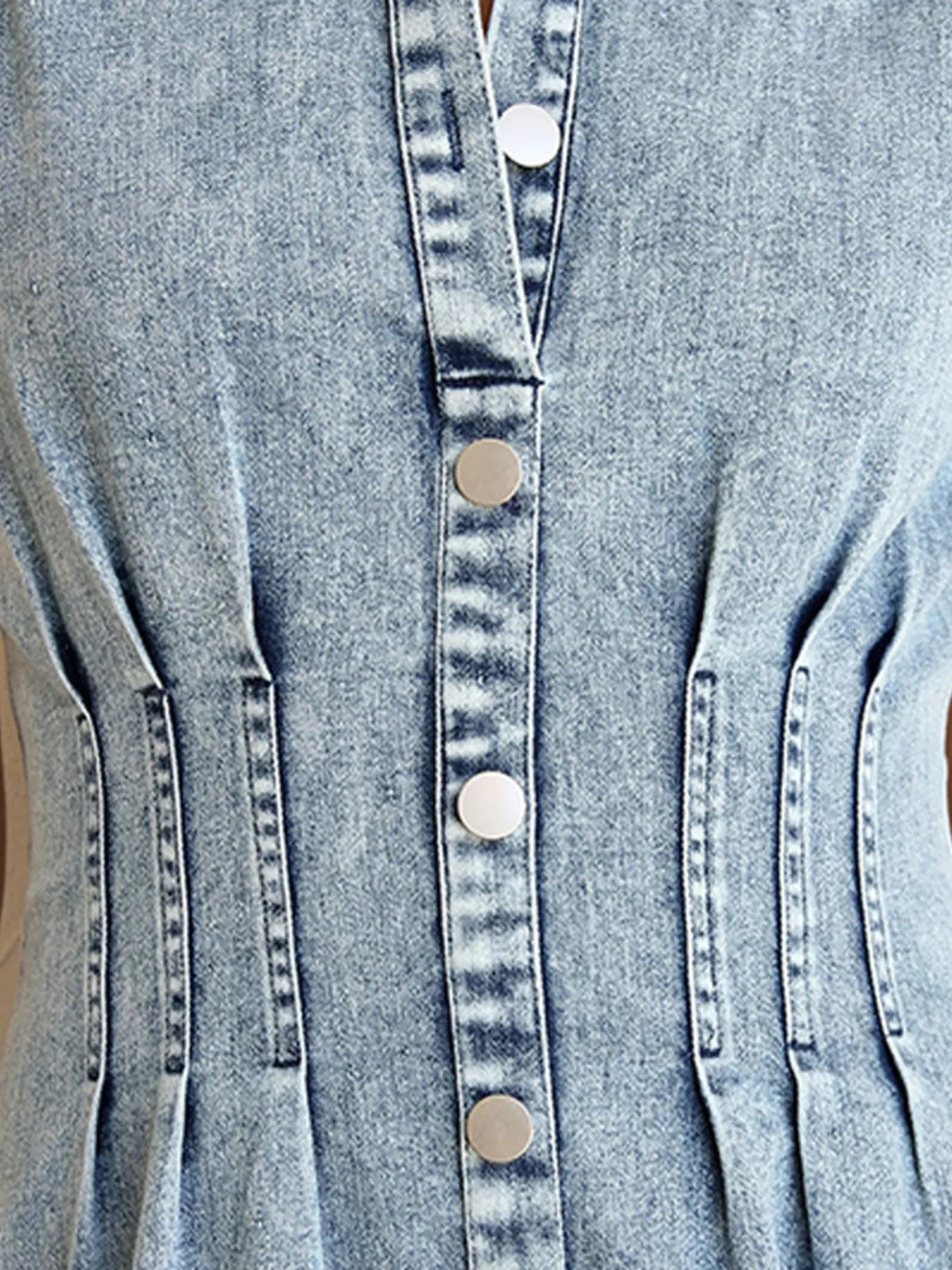 Puff Sleeve Button-Front Denim Midi Dress in Blue