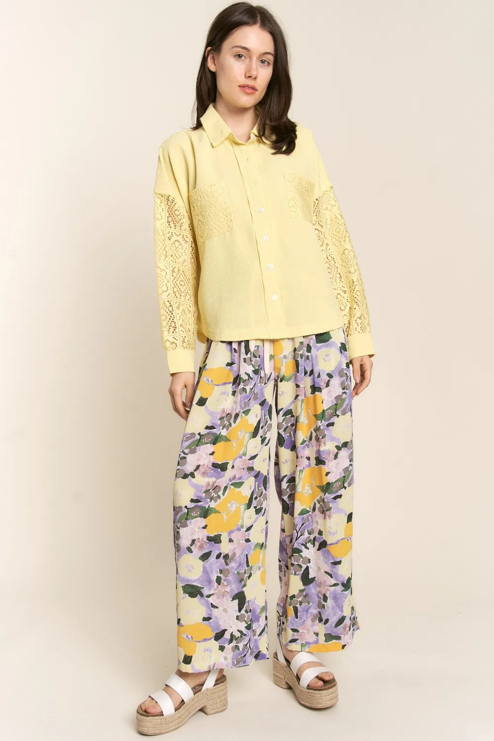 Lace Detail Waffle Shirt in Yellow by J.NNA
