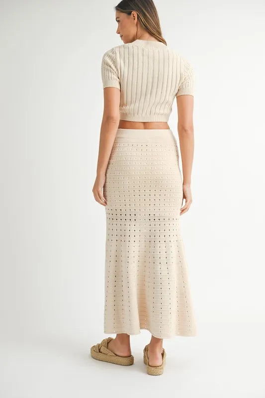 Pointelle Crop Top and Slit Skirt Set in Cream