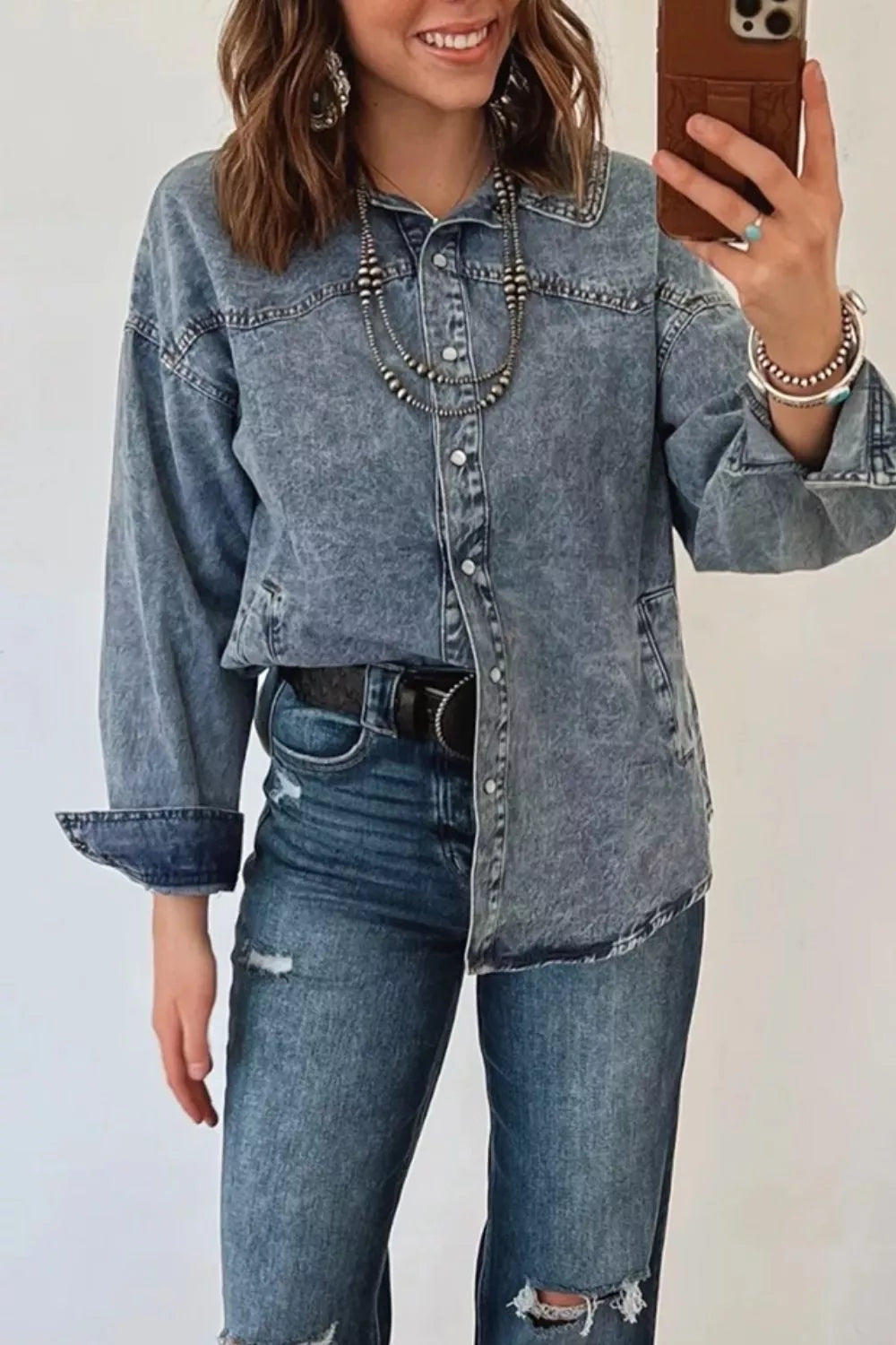 Western Shirt Collar Tunic Denim Jacket in Medium Wash