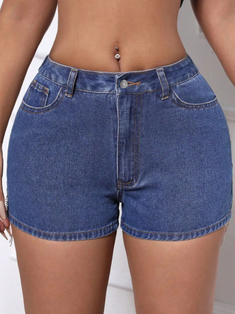 Fringe Back Denim Shorts in Medium Wash