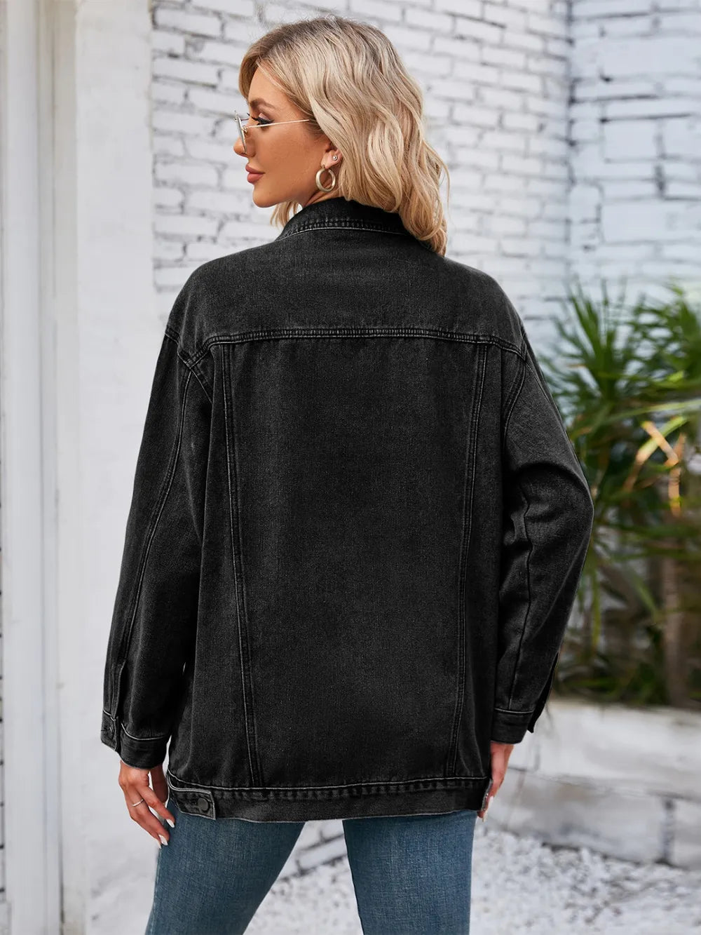 Button-Up Long Sleeve Denim Jacket with Pockets by Manny