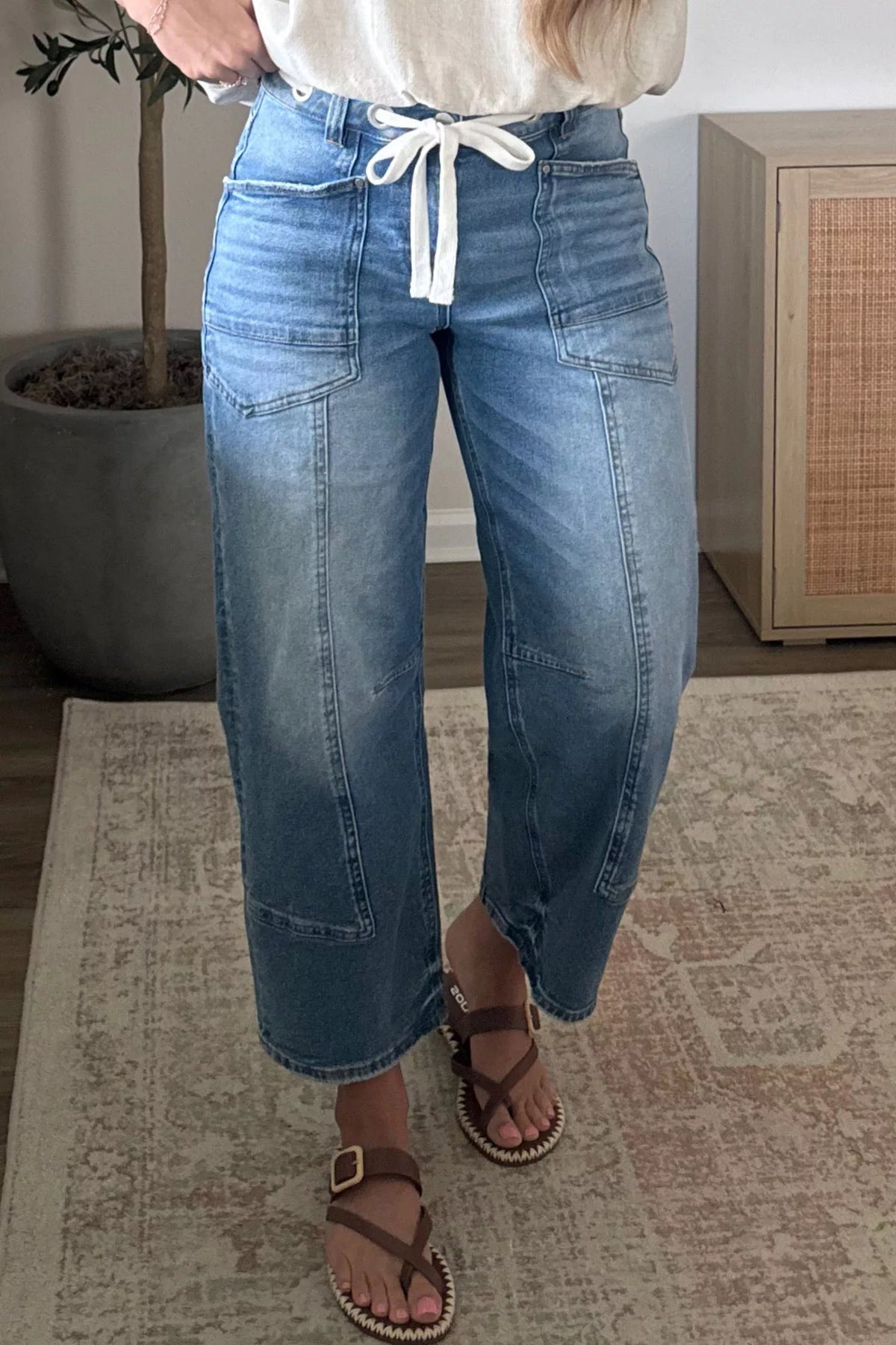 Patchwork Grommet Tie Waist Jeans in Medium