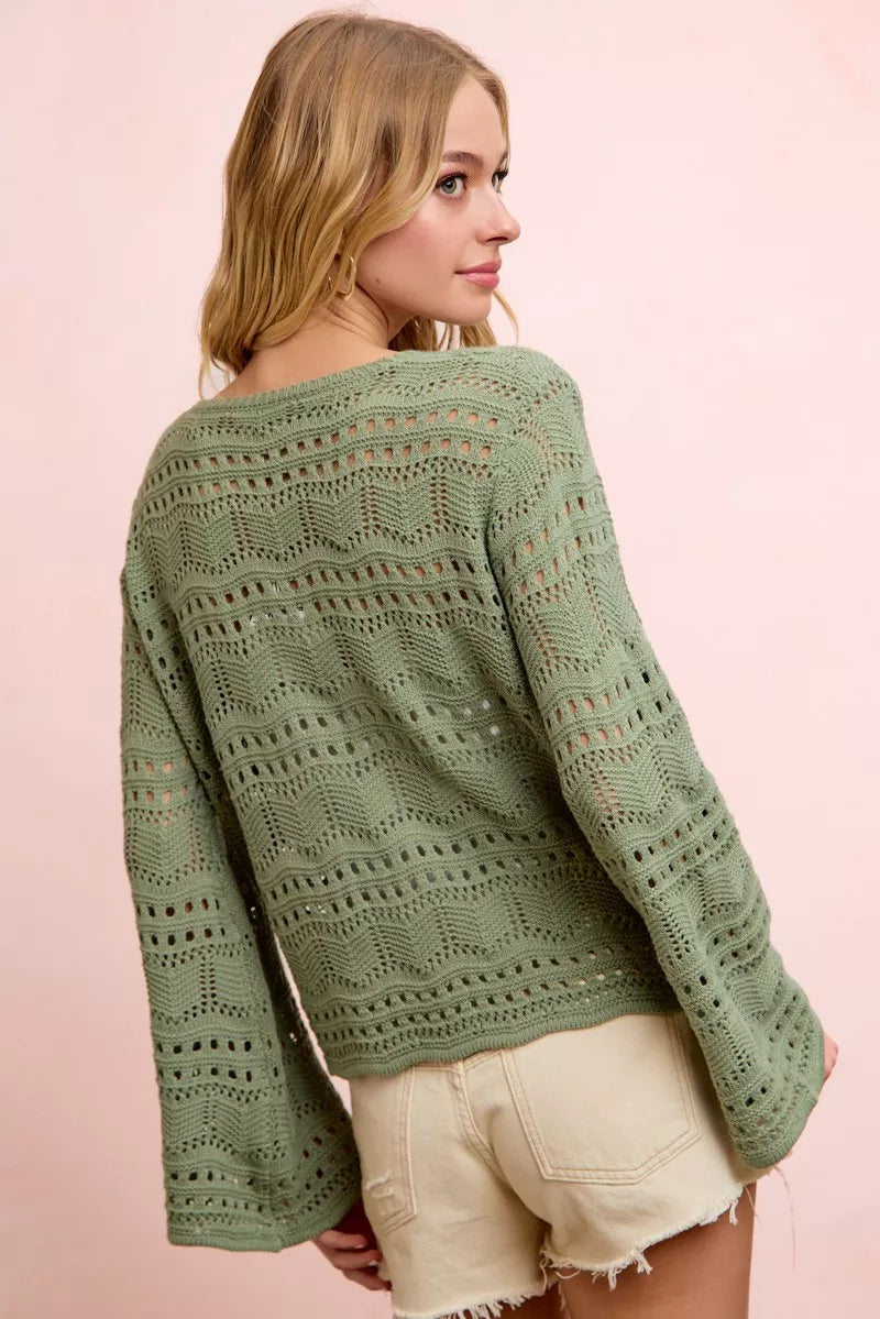 Pointelle V-Neck Ruched Top in Sage Green by BiBi