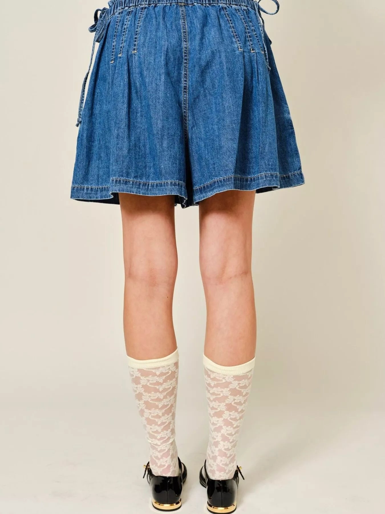 Pleated Elastic-Waist Denim Shorts