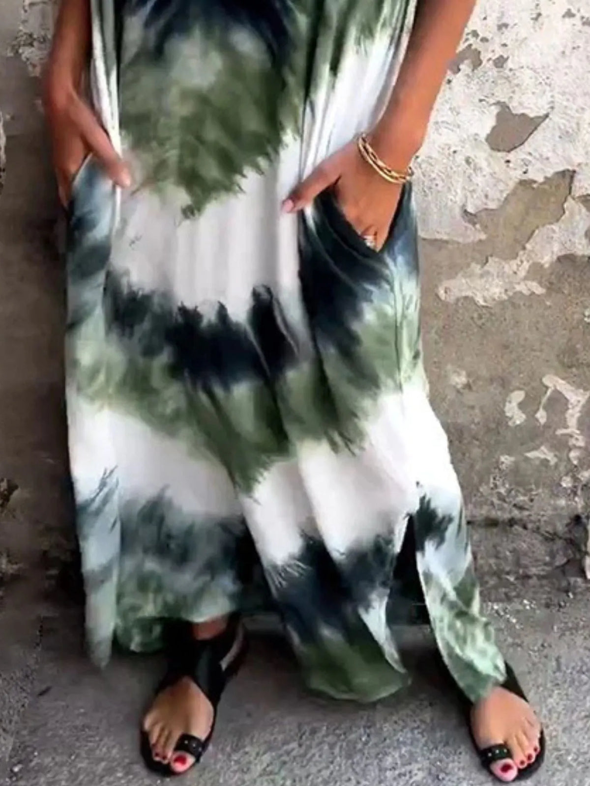 Tie-Dye V-Neck Midi Dress with Pockets