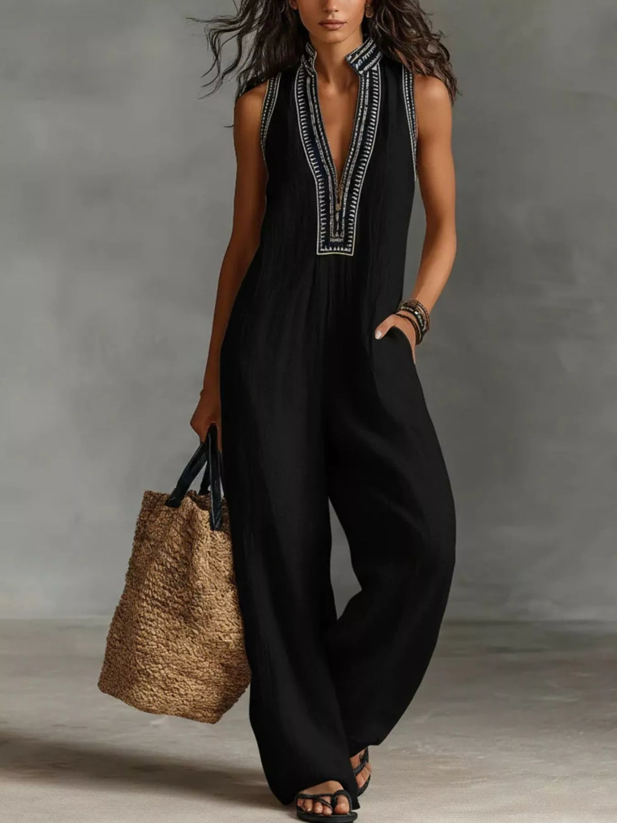 Embroidered Sleeveless Wide Leg Jumpsuit
