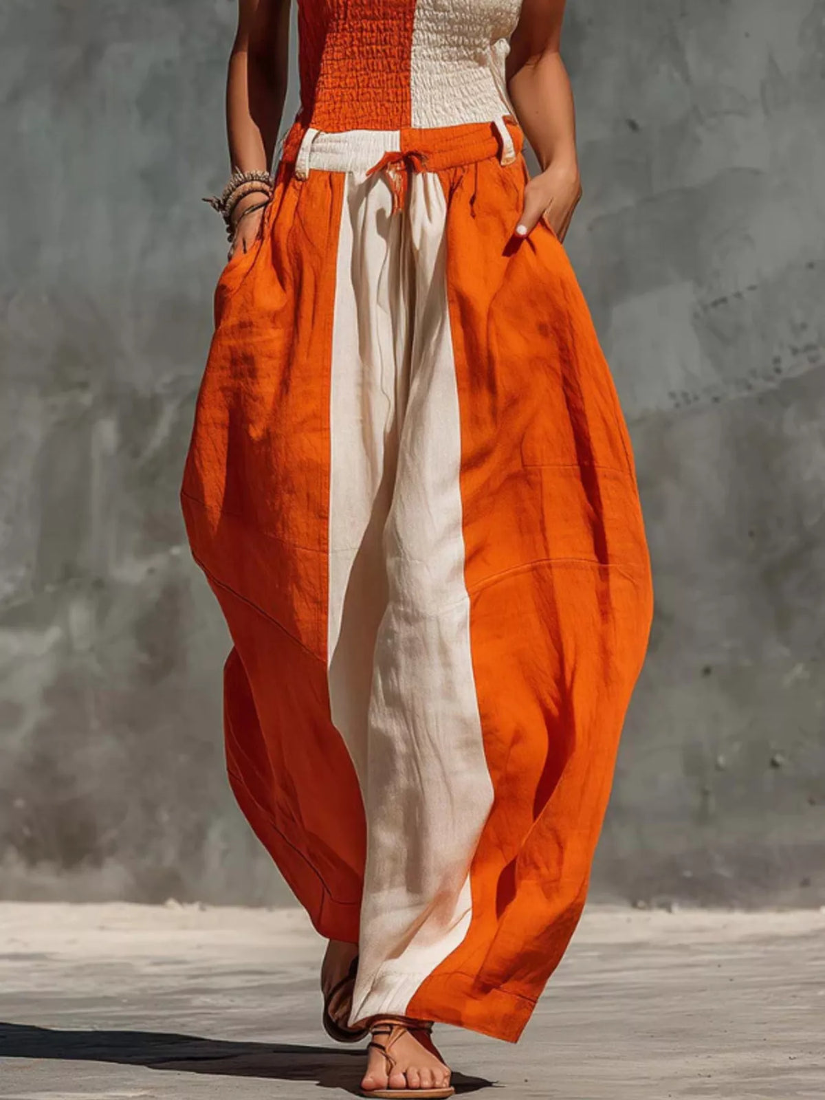 Color-Block Strapless Smocked Jumpsuit in Orange