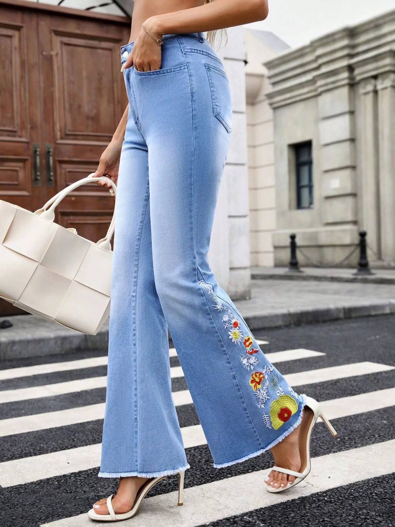 Floral Embroidered Flare Jeans in Blue