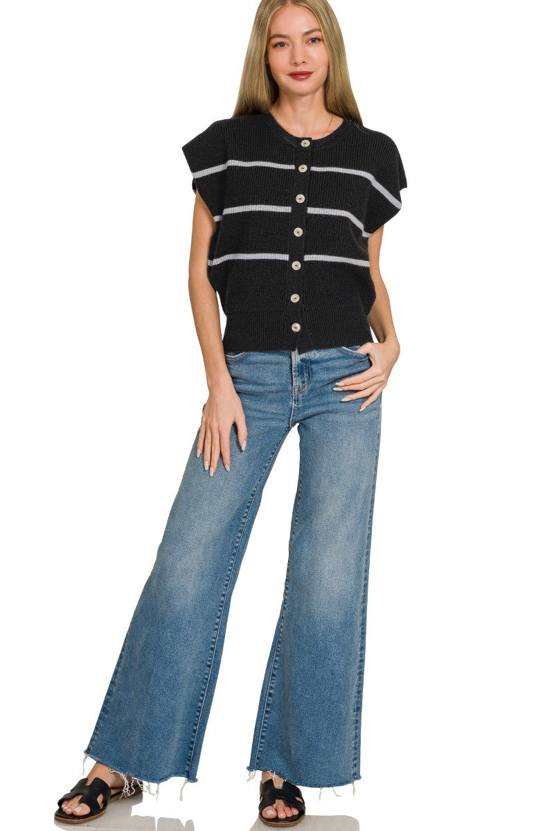 Zenana Striped Button-Down Sweater Vest in Black