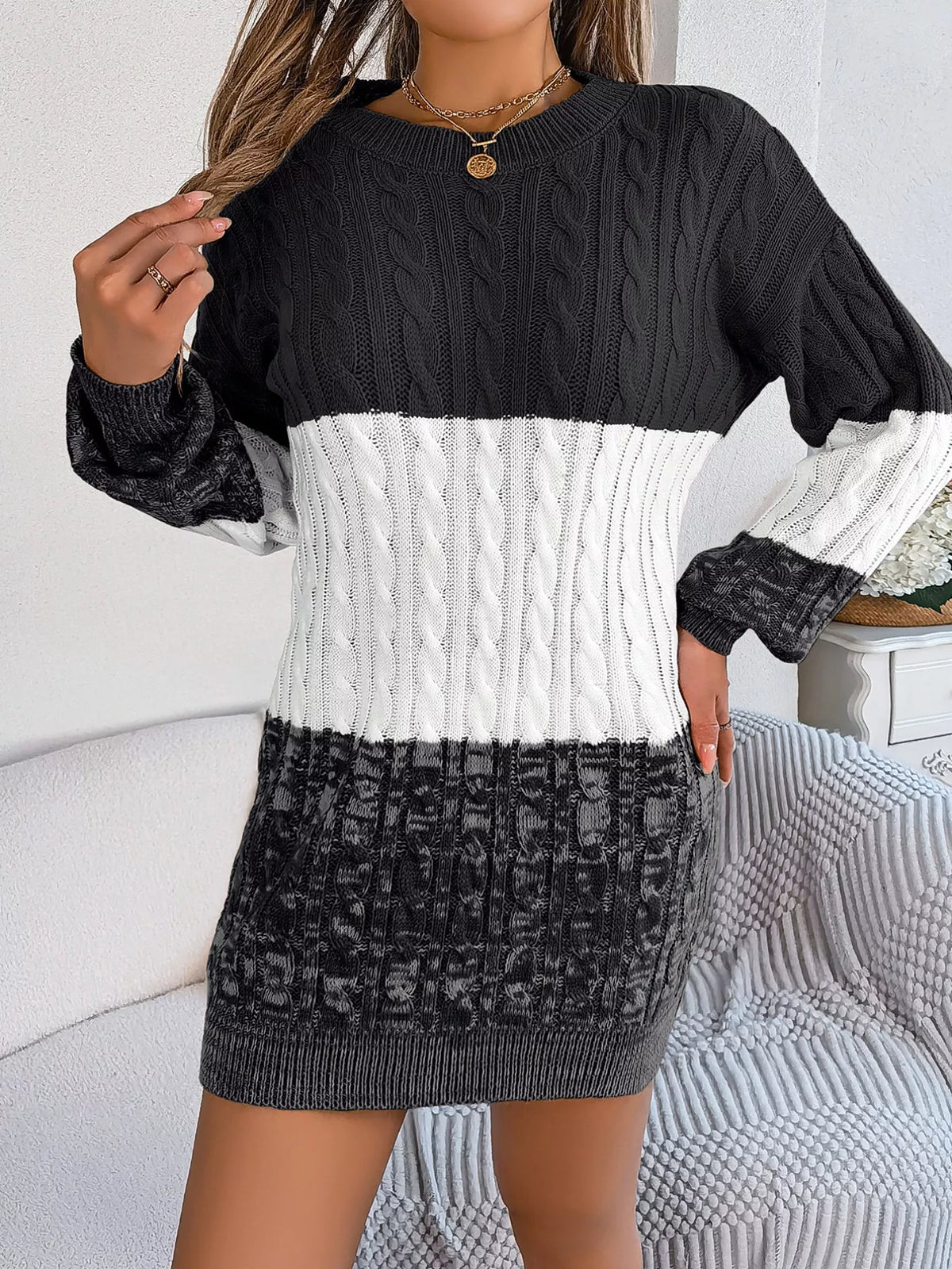 Color Block Cable Knit Sweater Dress