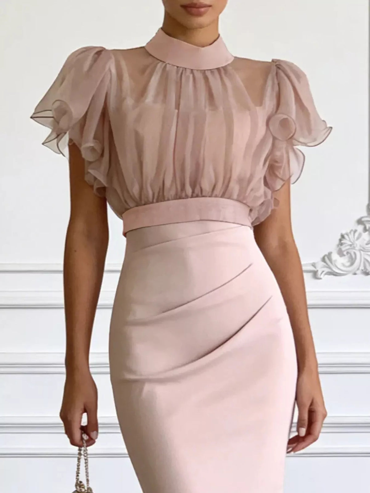 Sheer Ruffle Sleeve Midi Dress in Pink