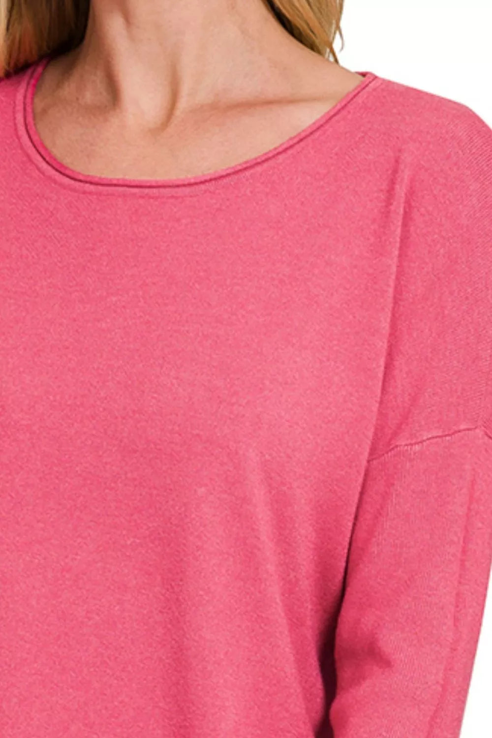 Zenana Long Sleeve Sweater with Front Pockets in Viva Magenta in H viva magenta