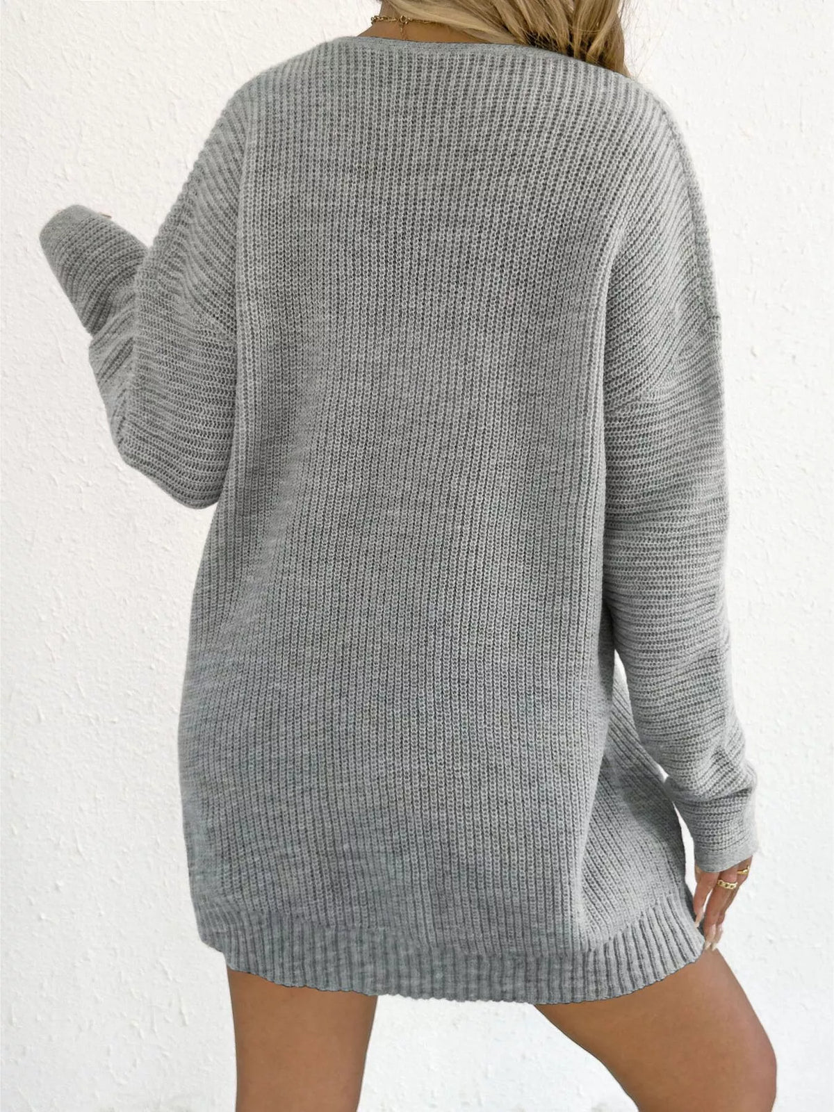 V-Neck Ribbed Sweater Dress with Floral Appliques