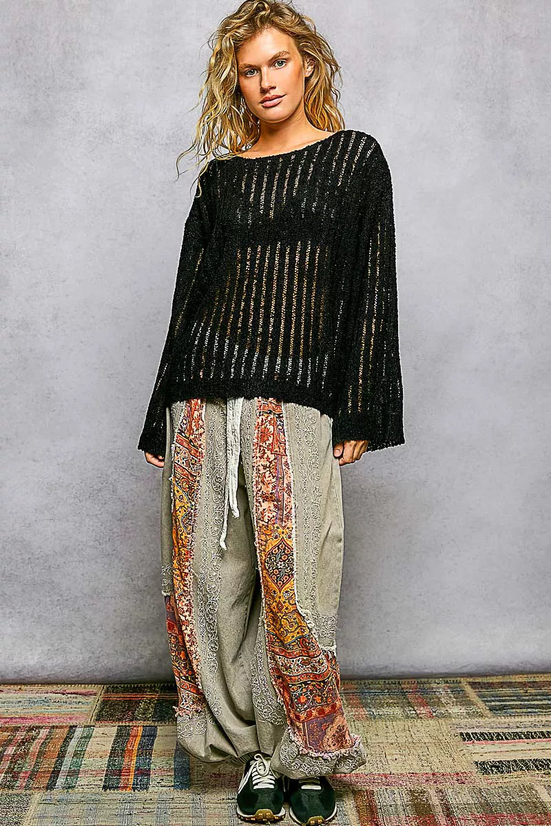 Black Round Neck Open Weave Sweater by POL