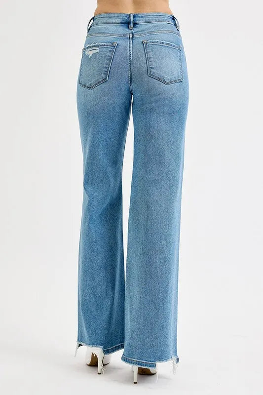 Risen Distressed Wide Leg Jeans in Medium Wash