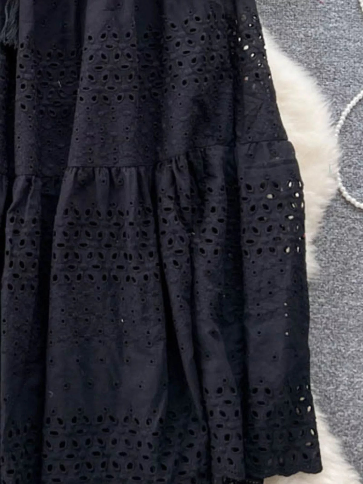 Eyelet Cutout Tiered Maxi Skirt