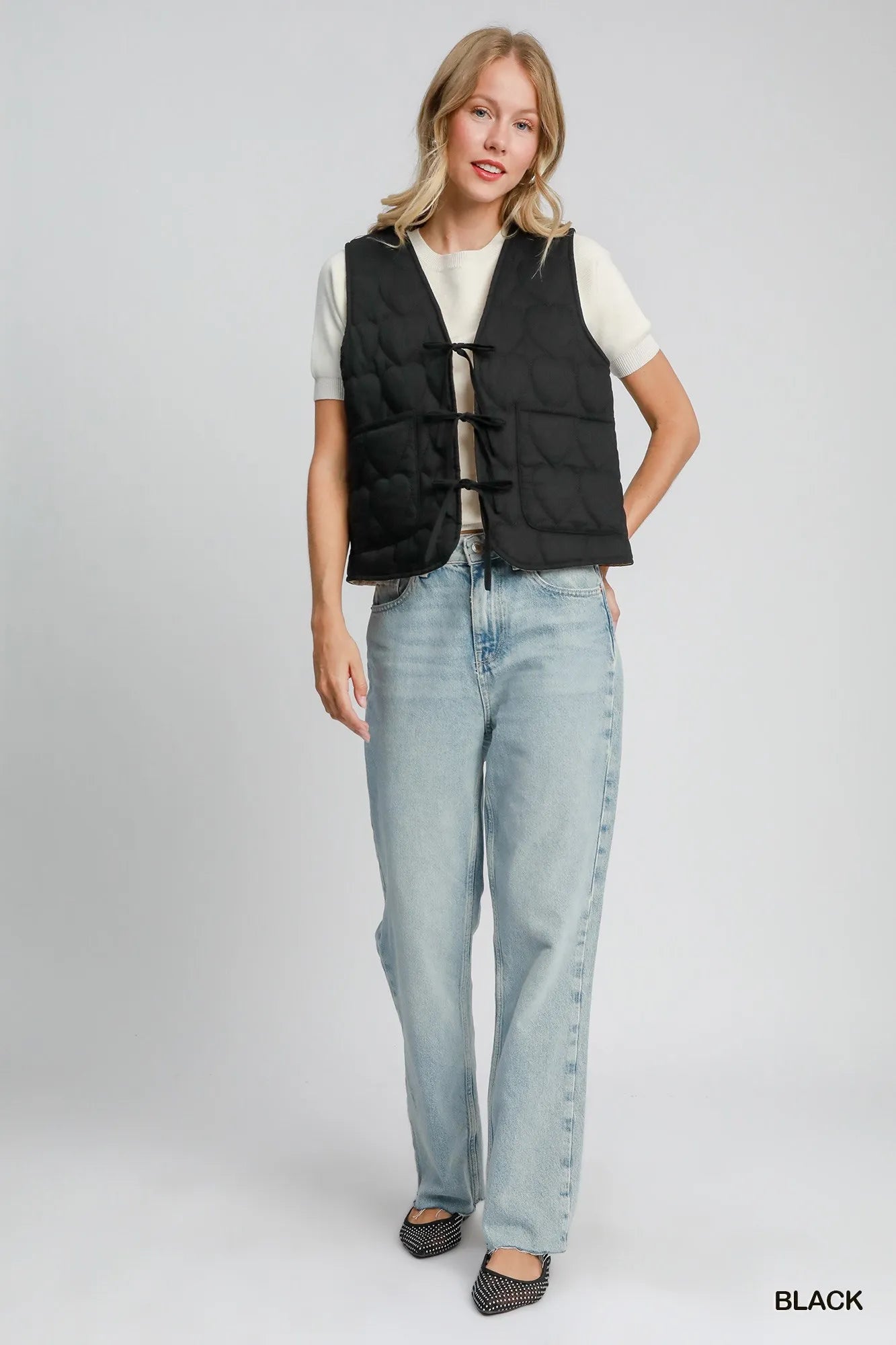 Umgee Heart Quilted Tie-Front Vest in Black
