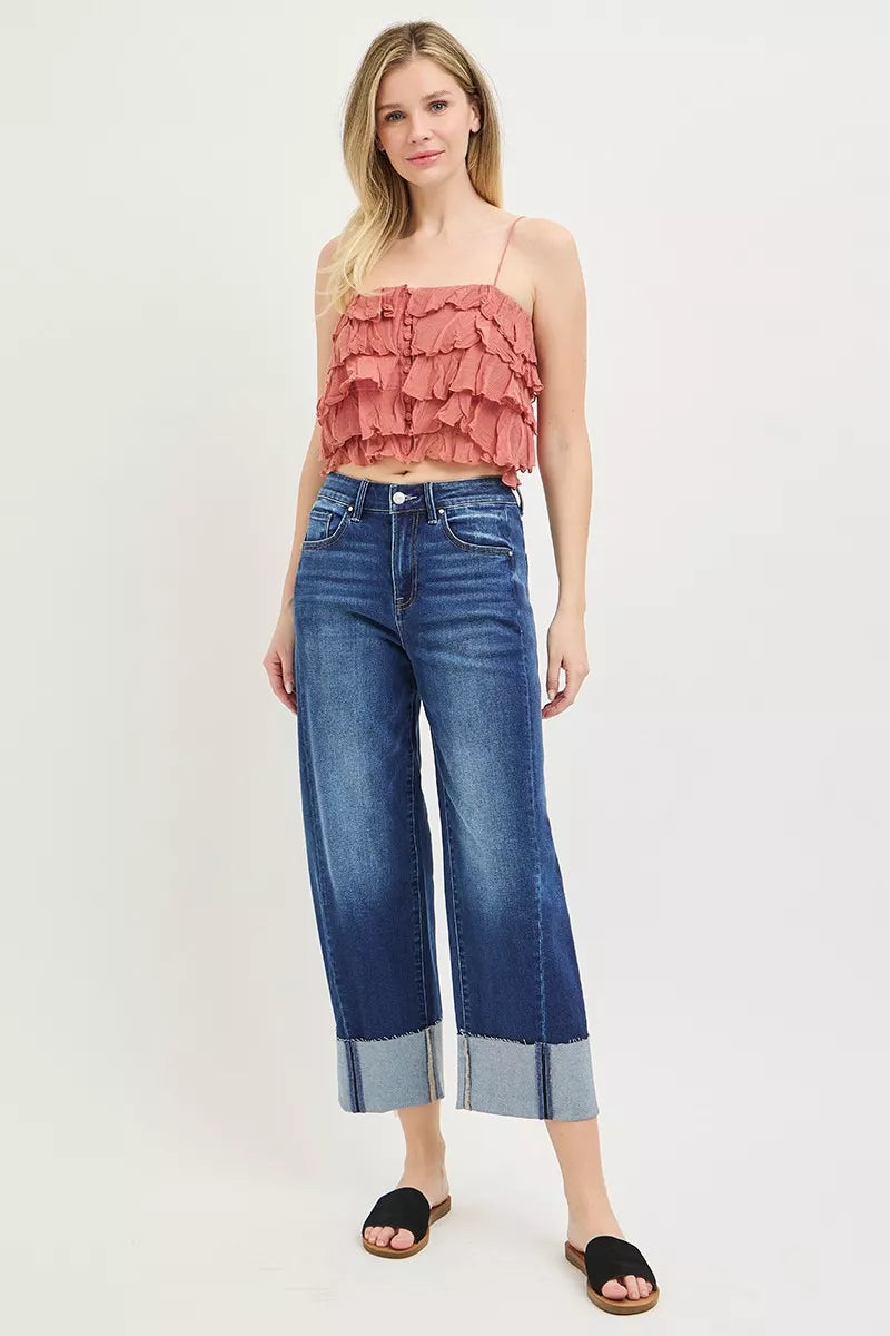 Risen Full Size Slouchy Barrel Cuffed Jeans in Dark