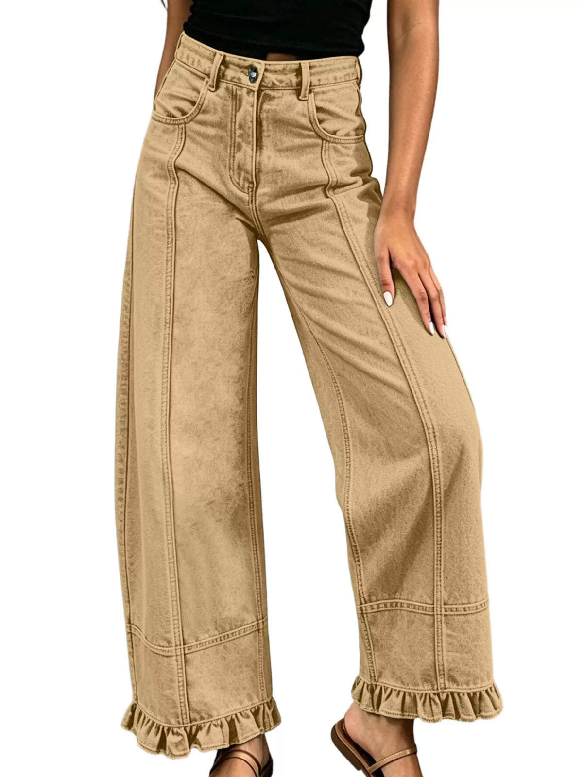 High-Waisted Wide-Leg Ruffled Hem Jeans by Dreamy Drapes