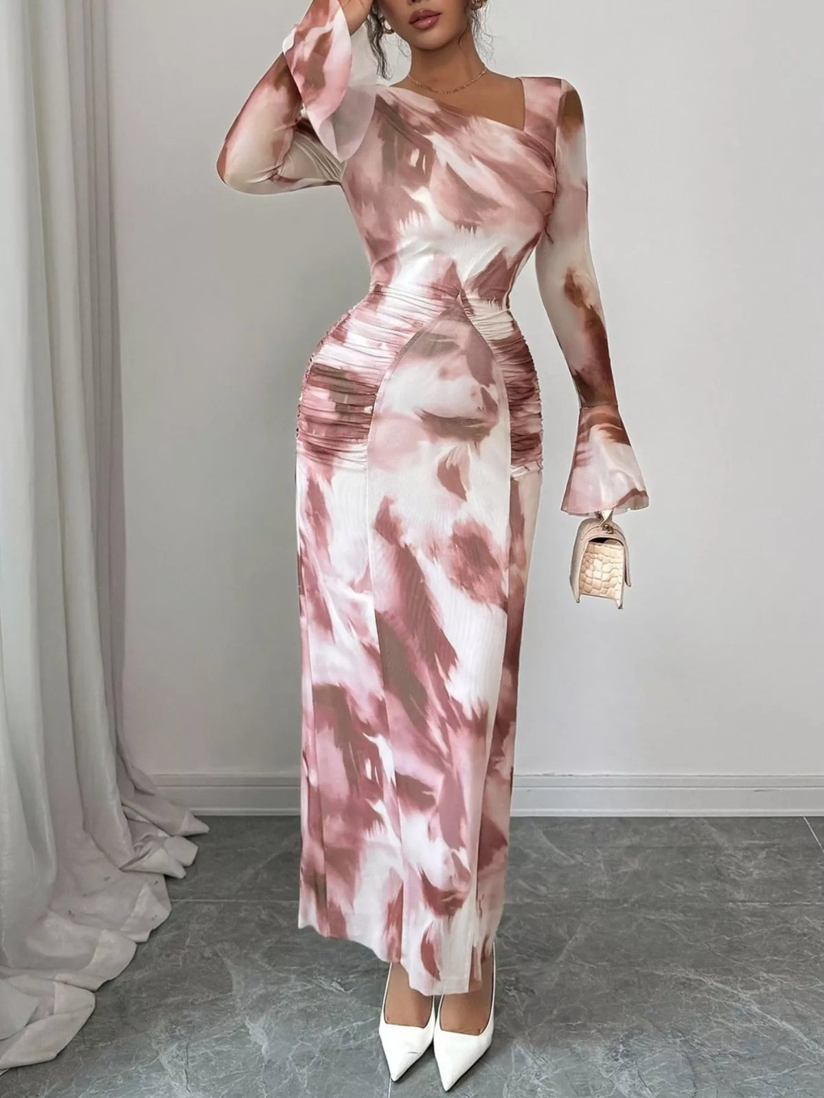 Asymmetrical Neck Long Sleeve Maxi Dress in Red