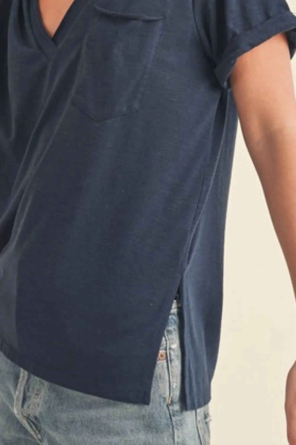 Side Slit V-Neck T-Shirt in Dark Navy