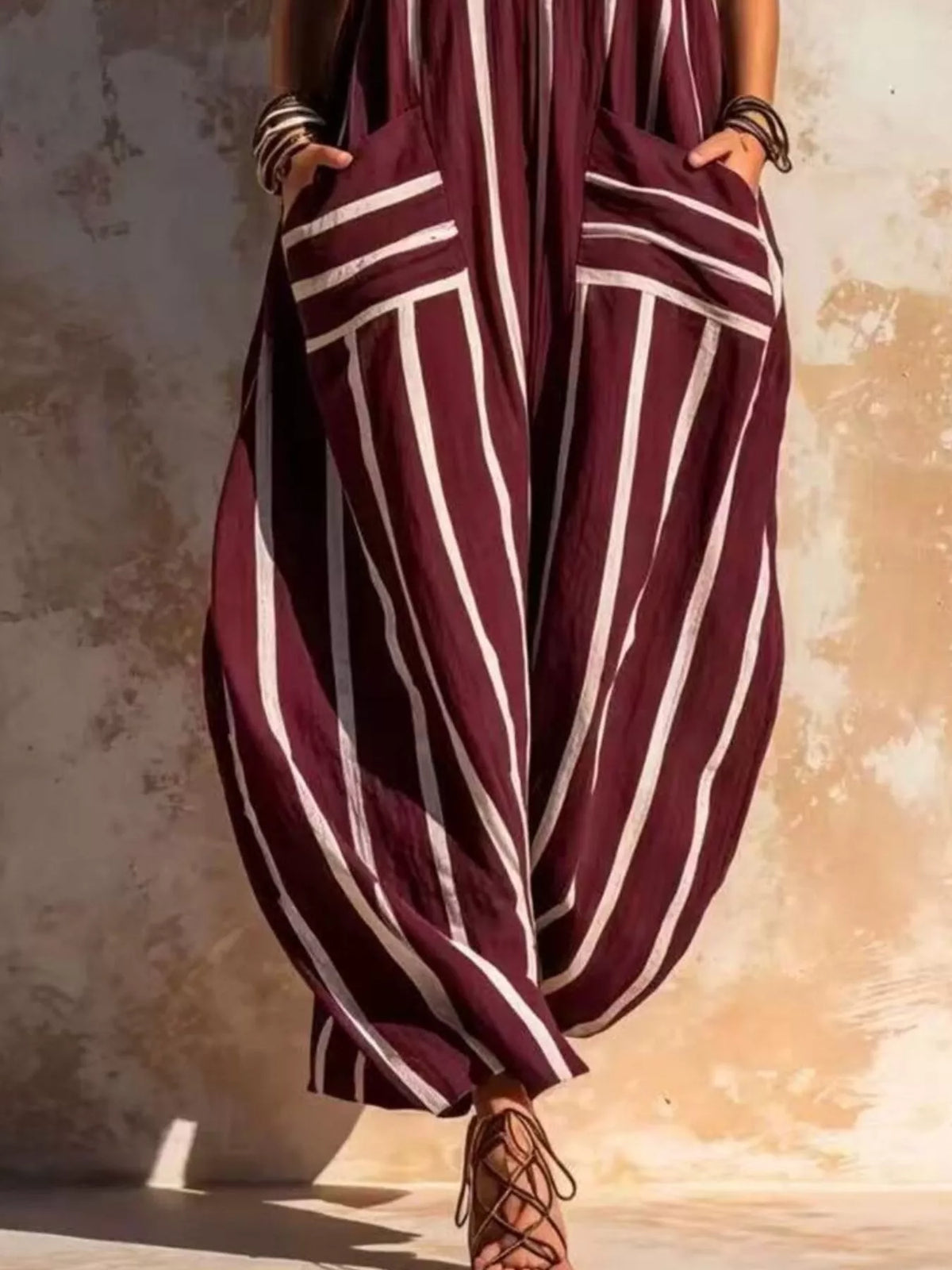 Striped V-Neck Sleeveless Wide-Leg Jumpsuit