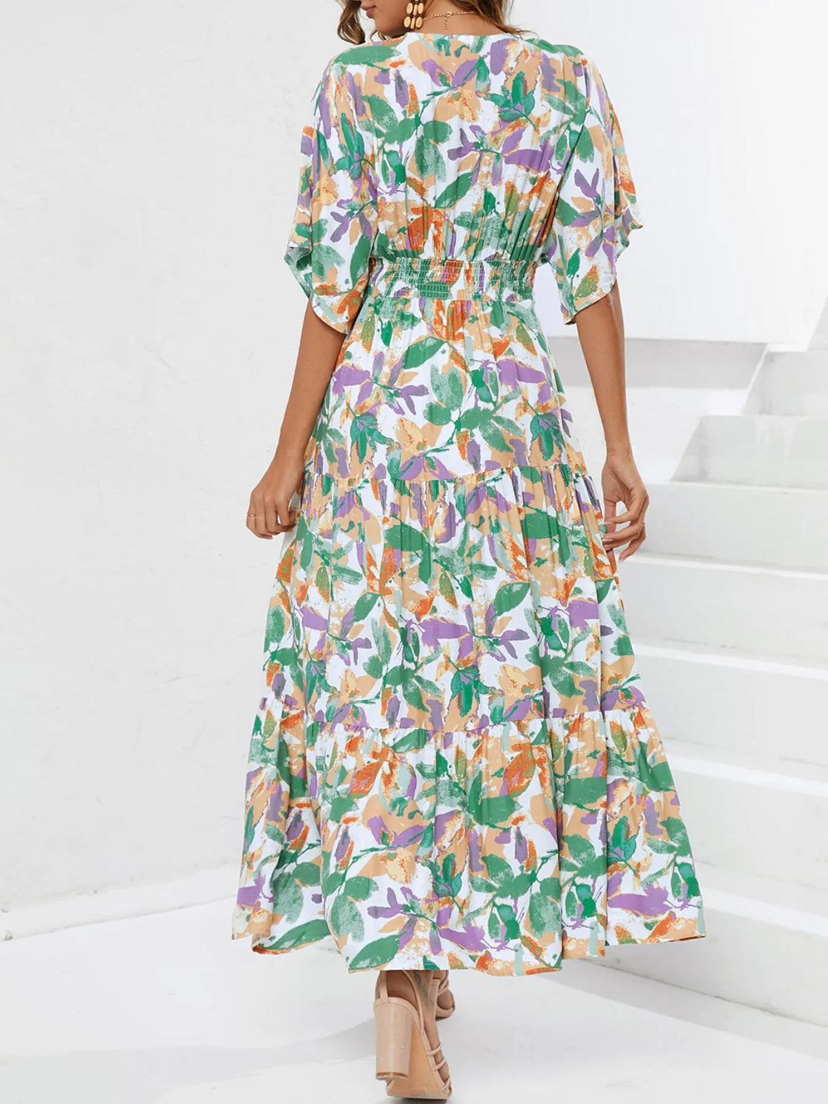 Floral Print V-Neck Boho Midi Dress in Gum Leaf