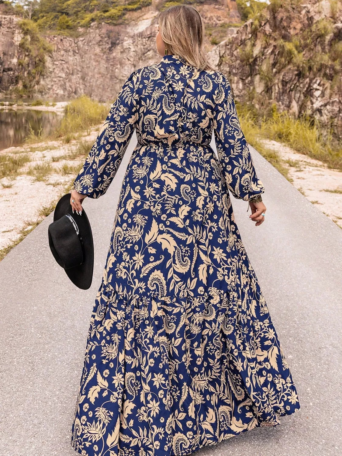 Floral Print Long Sleeve Maxi Dress in Dark Blue