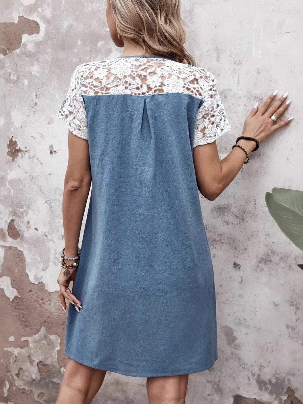 Round Neck Lace Mini Dress with Buttons